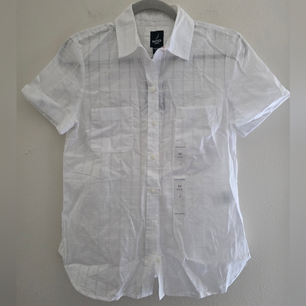 NauticaNautica Womens Cotton Dobby Short‎ Peasant Blouse, Style # N4AMD005 - Picture 2 of 7
